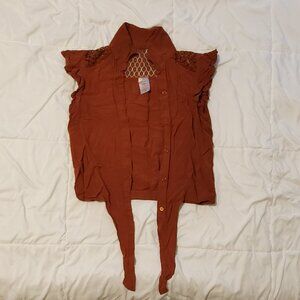 No Boundaries Front-Tie Blouse Dark Mustard Yellow, Tan - XS